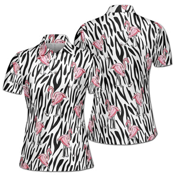 Funny Flamingo Play Golf Zebra Pattern Women's Polo Shirt S-5XL