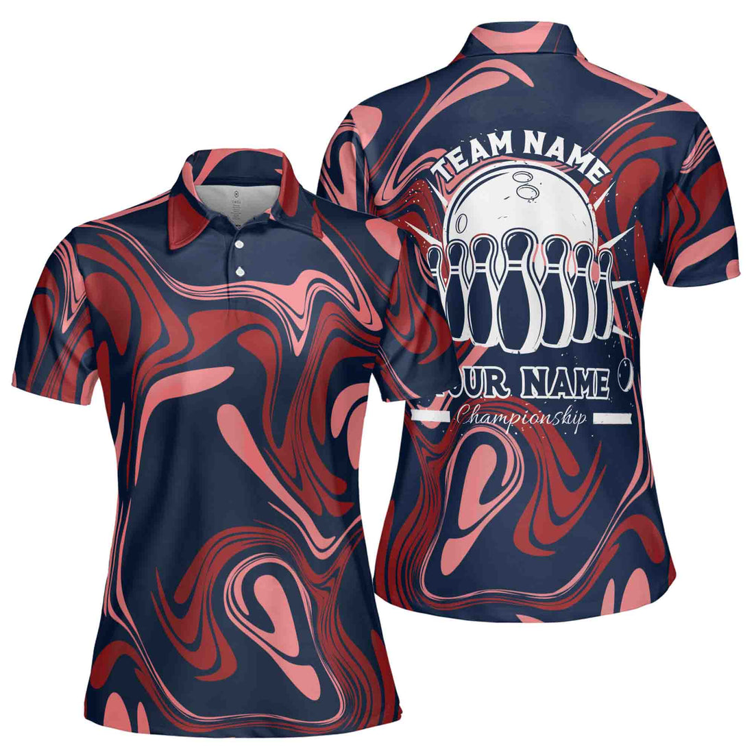 Custom Name, Team Name, EST Year Multicolor Bowling Ball Pin Women's Polo Shirt S-5XL