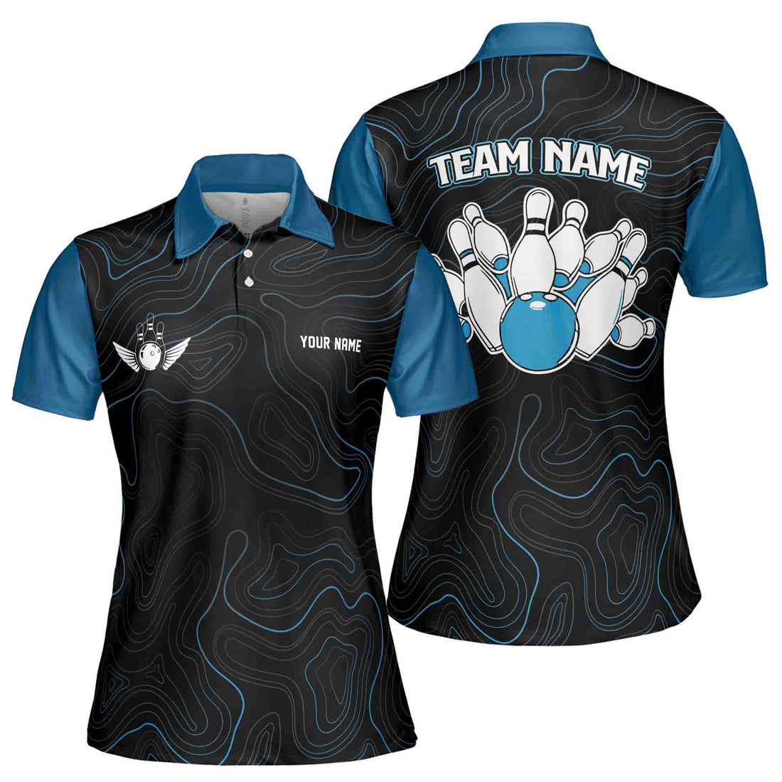Custom Name, Team Name Multicolor Pattern Bowling Ball Camo Women's Polo Shirt S-5XL