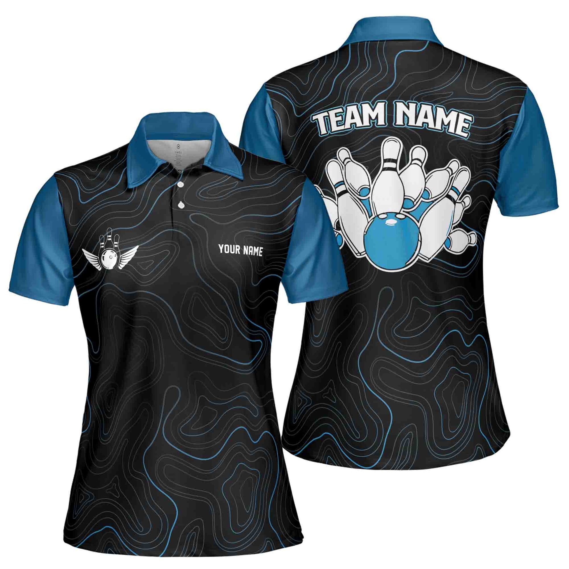 Custom Name, Team Name Multicolor Pattern Bowling Ball Camo Women's Polo Shirt S-5XL