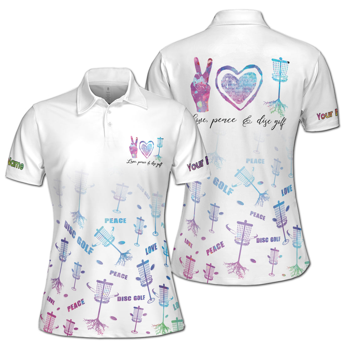 Custom Name Colorful Watercolor Love Peace Disc Golf Women's Polo Shirt S-5XL
