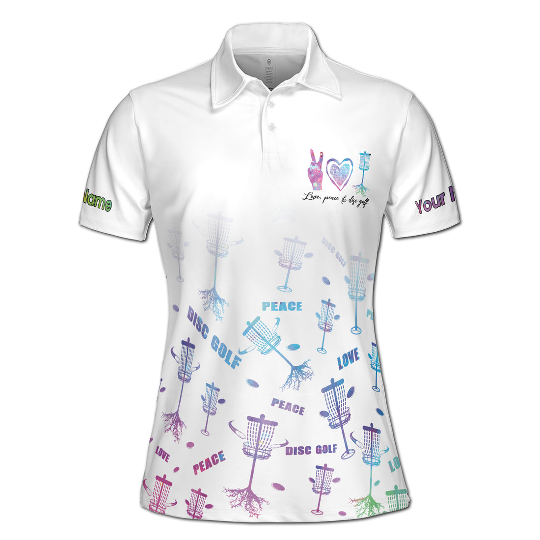 Custom Name Colorful Watercolor Love Peace Disc Golf Women's Polo Shirt S-5XL