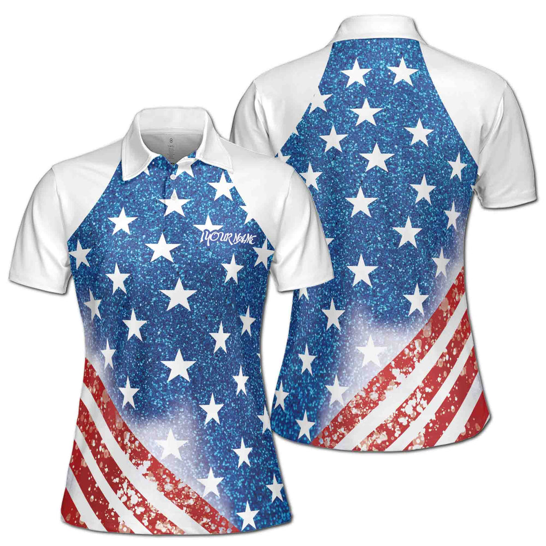 Custom Name America Flag Glitter Pattern Golf National Pride Women's Polo Shirt S-5XL