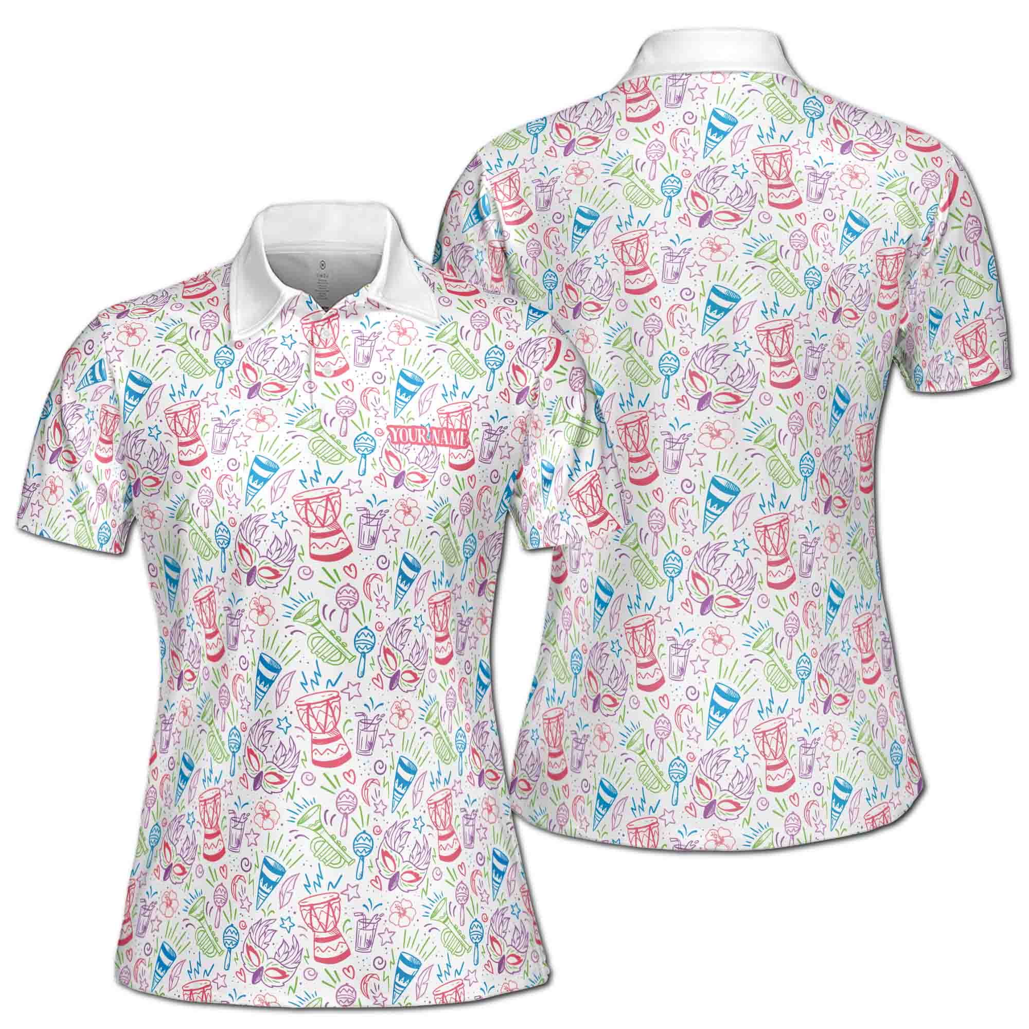Custom Name Colorful Brazil Carnival Pattern Golf National Pride Women's Polo Shirt S-5XL