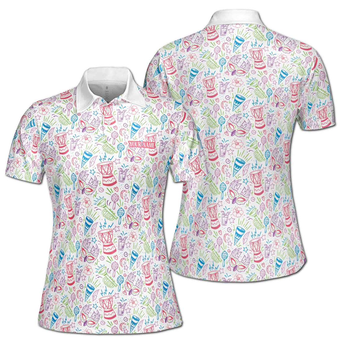Custom Name Colorful Brazil Carnival Pattern Golf National Pride Women's Polo Shirt S-5XL