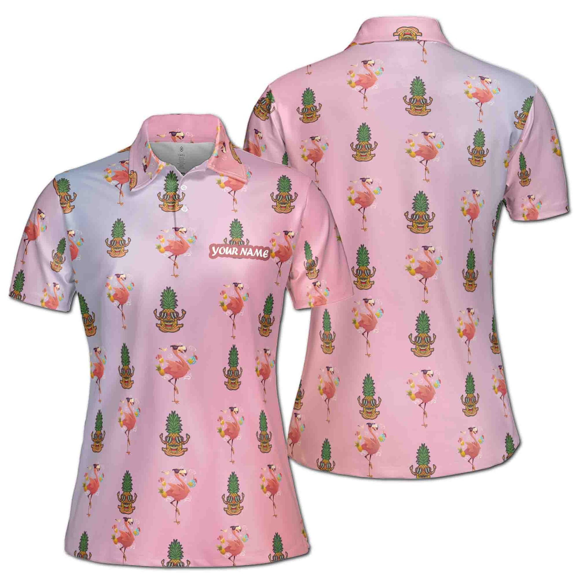 Funny Gradient Summer Flamingo And Pineapple Women's Polo Shirt S-5XL
