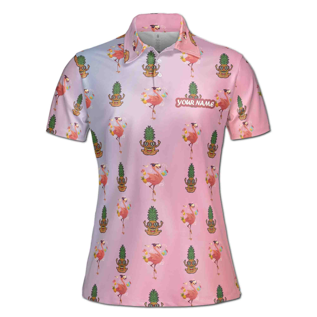 Funny Gradient Summer Flamingo And Pineapple Women's Polo Shirt S-5XL