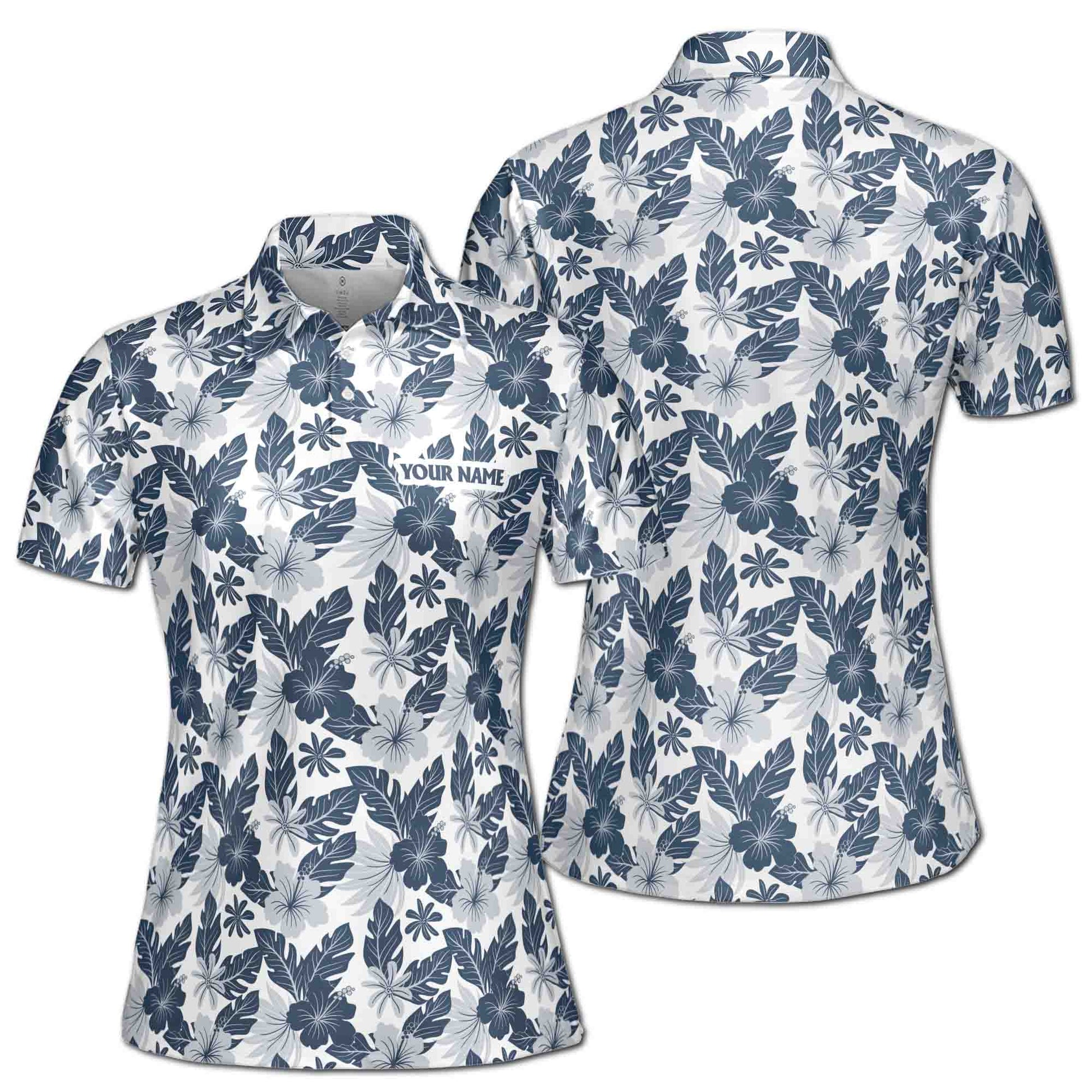 Custom Name Gray Floral Palm Leaf Golf Women's Polo Shirt S-5XL