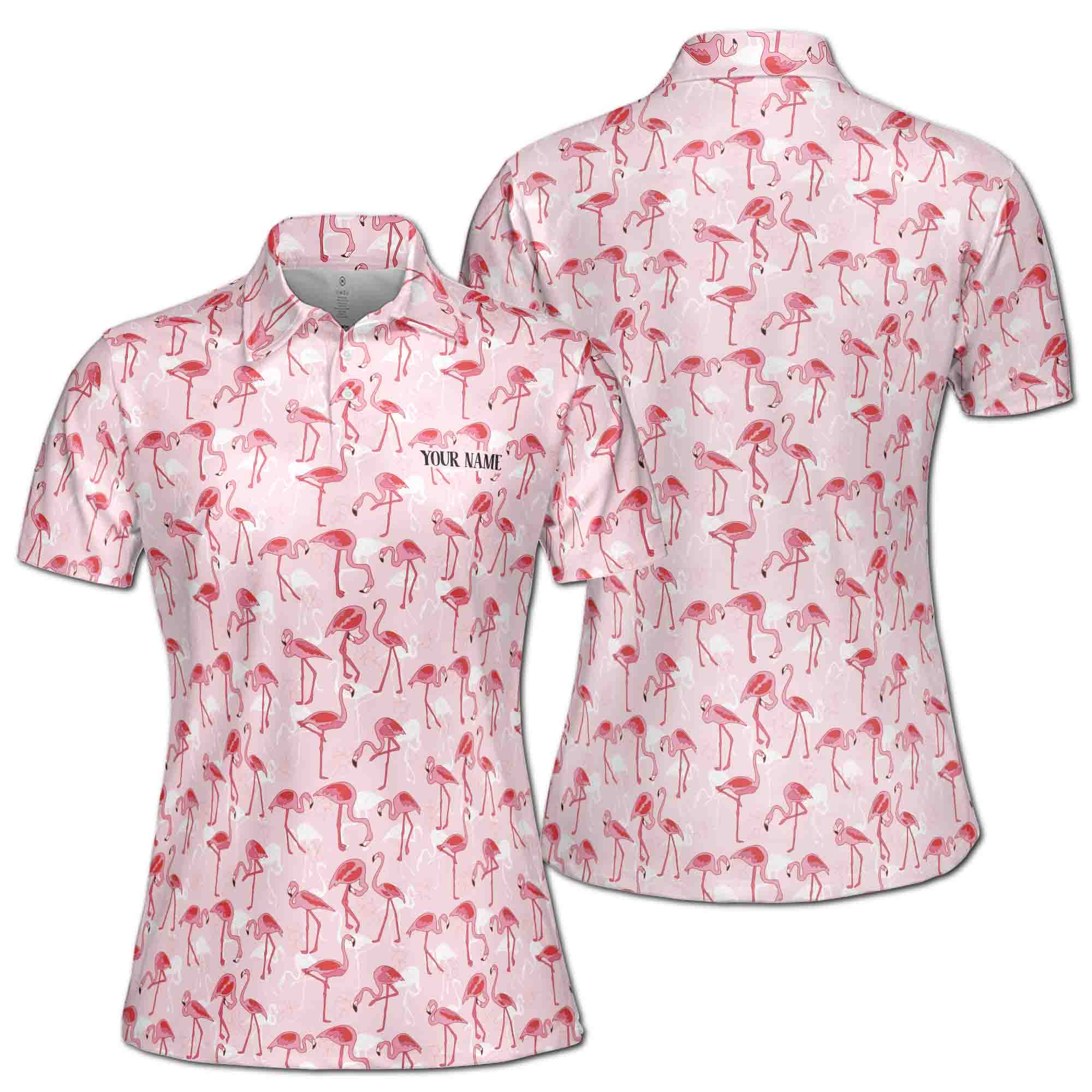 Custom Name Funny Pink Flamingo Lover Women's Polo Shirt S-5XL