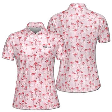 Custom Name Funny Pink Flamingo Lover Women's Polo Shirt S-5XL