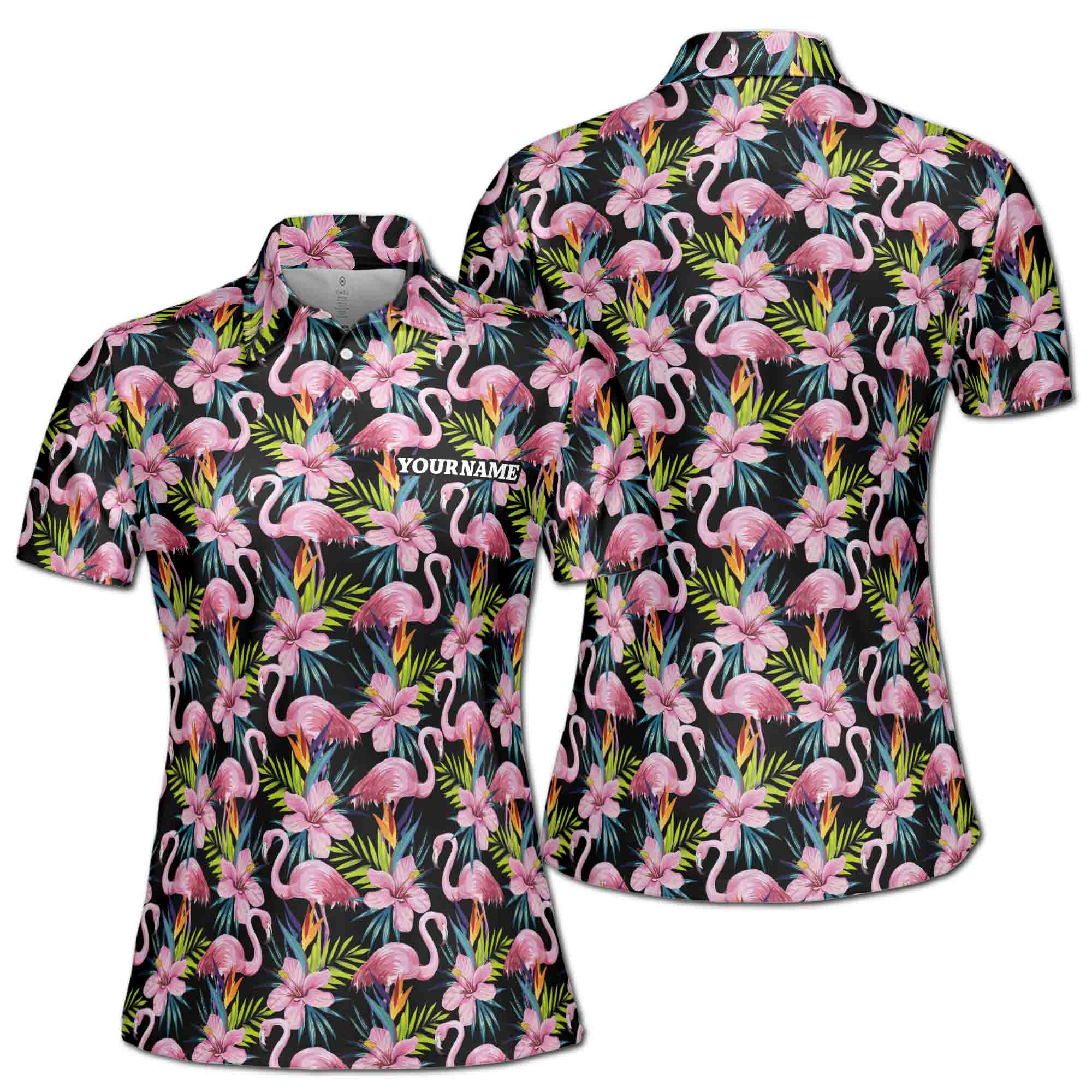 Custom Name Flamingo With Tropical Floral Women's Polo Shirt S-5XL