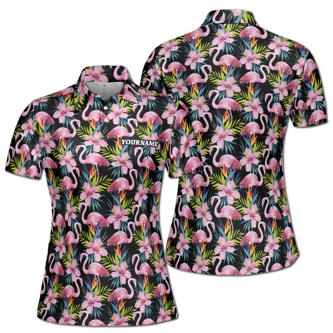 Custom Name Flamingo With Tropical Floral Women's Polo Shirt S-5XL