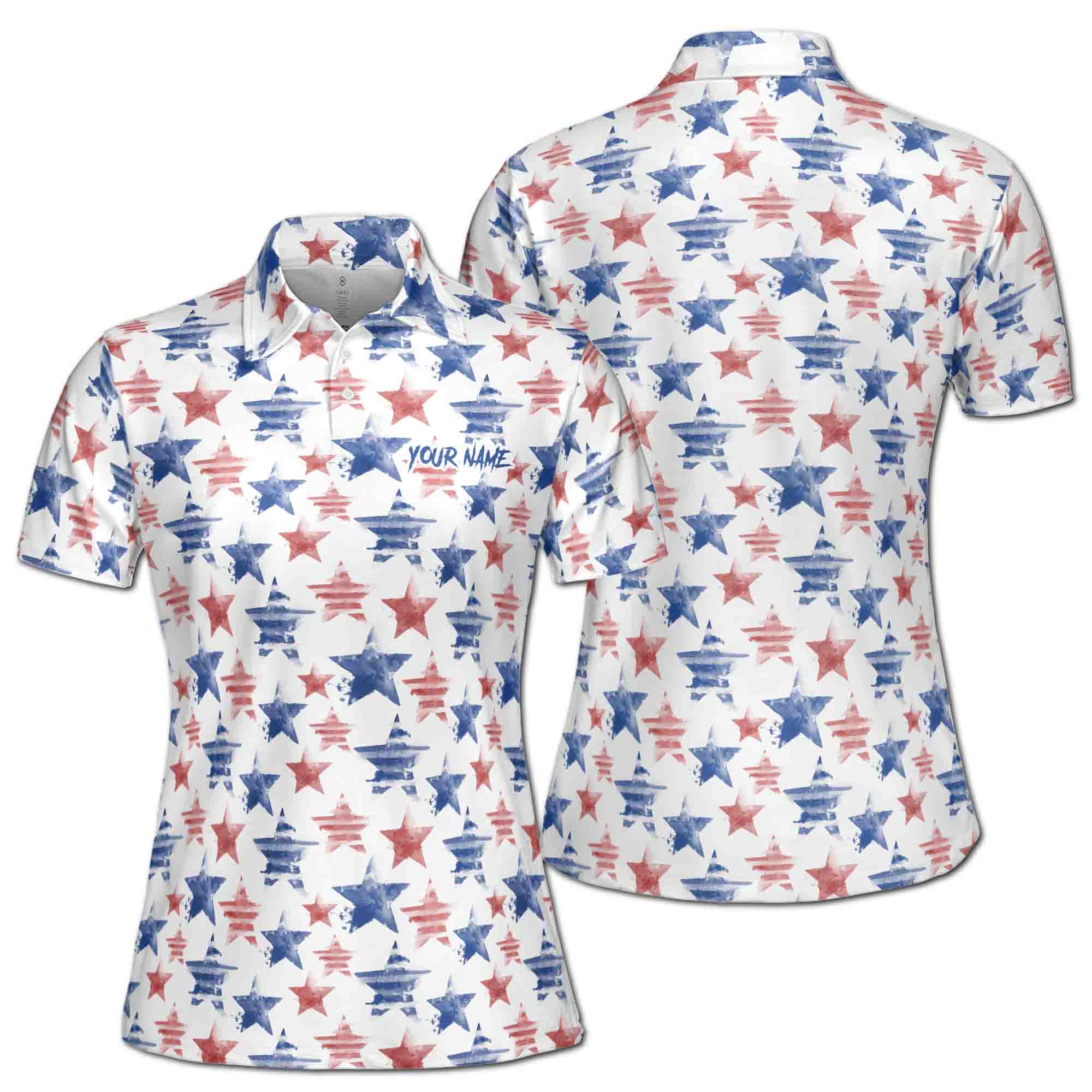 Custom Name Watercolor America Star Golf National Pride Women's Polo Shirt S-5XL