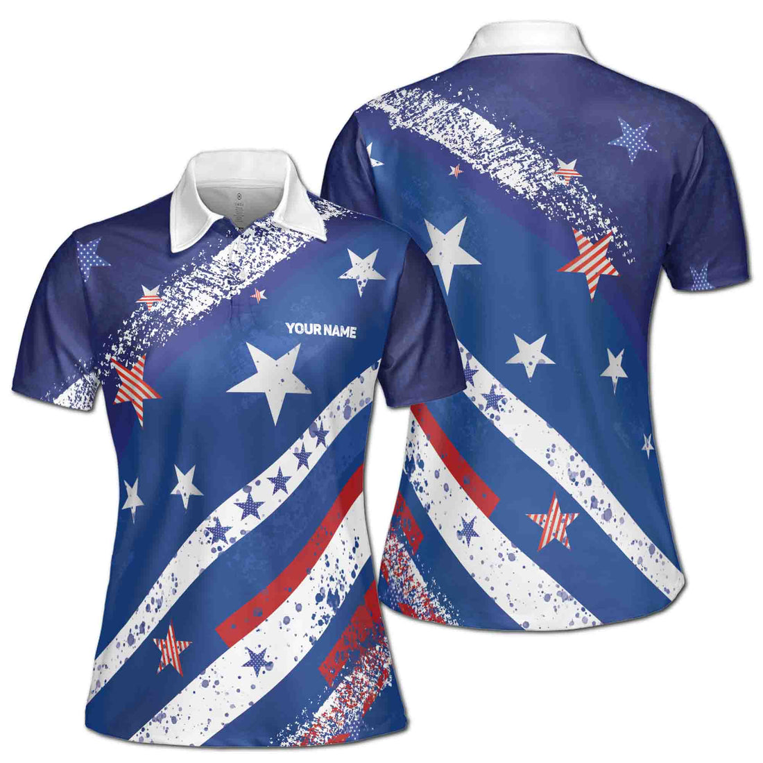 Custom Name Blue Star Patriotic America National Pride Golf Women's Polo Shirt S-5XL