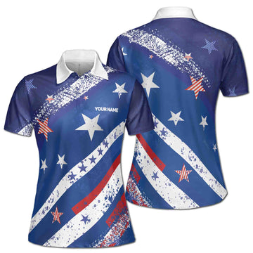 Custom Name Blue Star Patriotic America National Pride Golf Women's Polo Shirt S-5XL