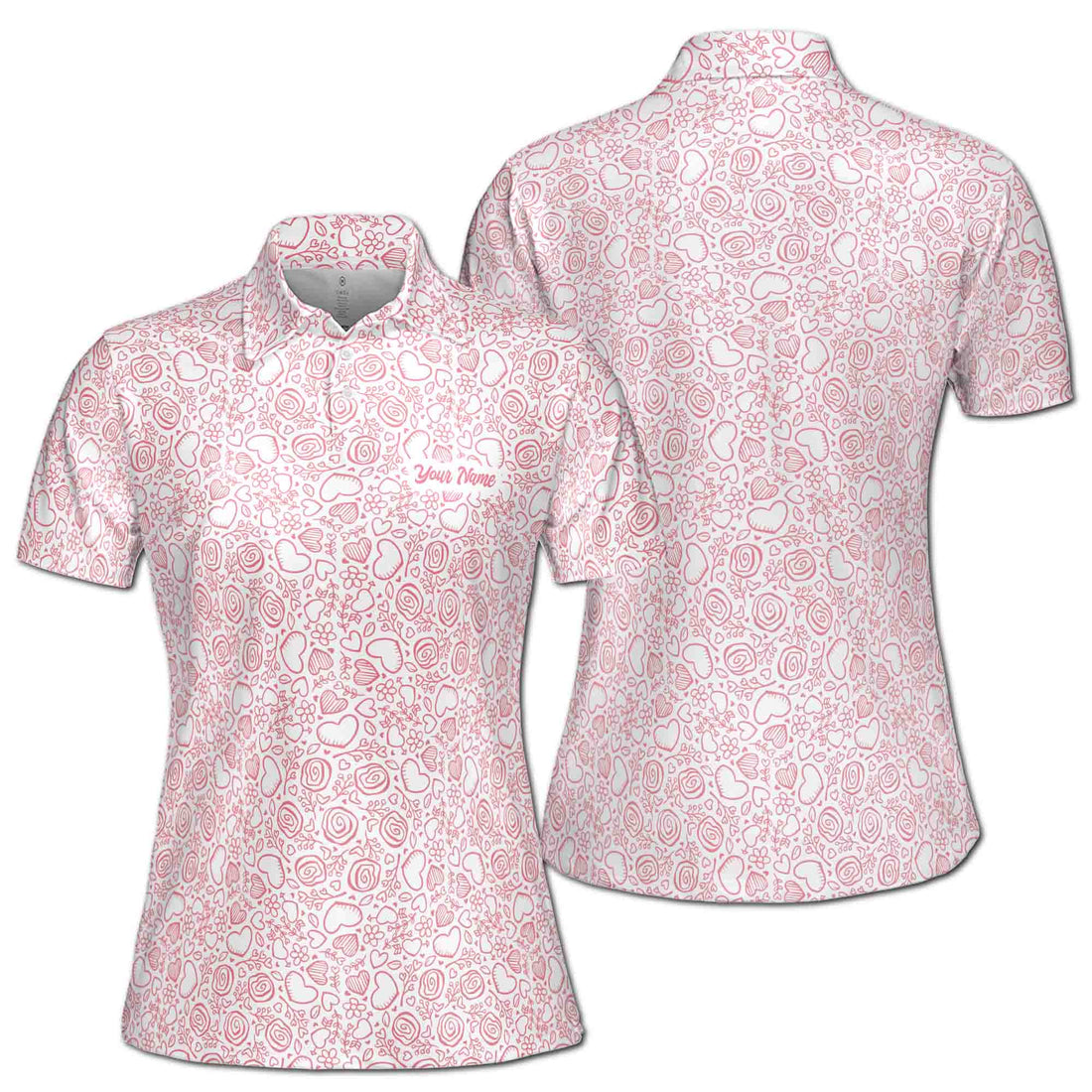 Custom Name Lovely Valentine Rose And Heart Golf Women's Polo Shirt S-5XL
