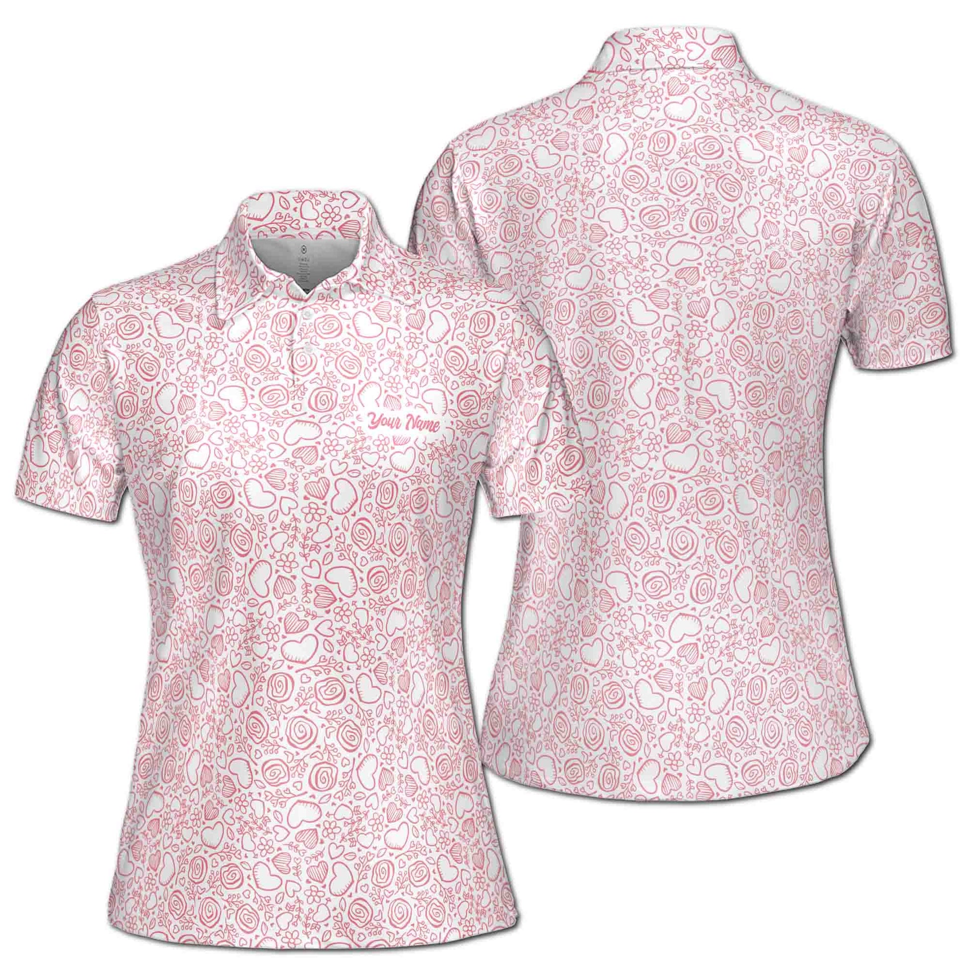 Custom Name Lovely Valentine Rose And Heart Golf Women's Polo Shirt S-5XL