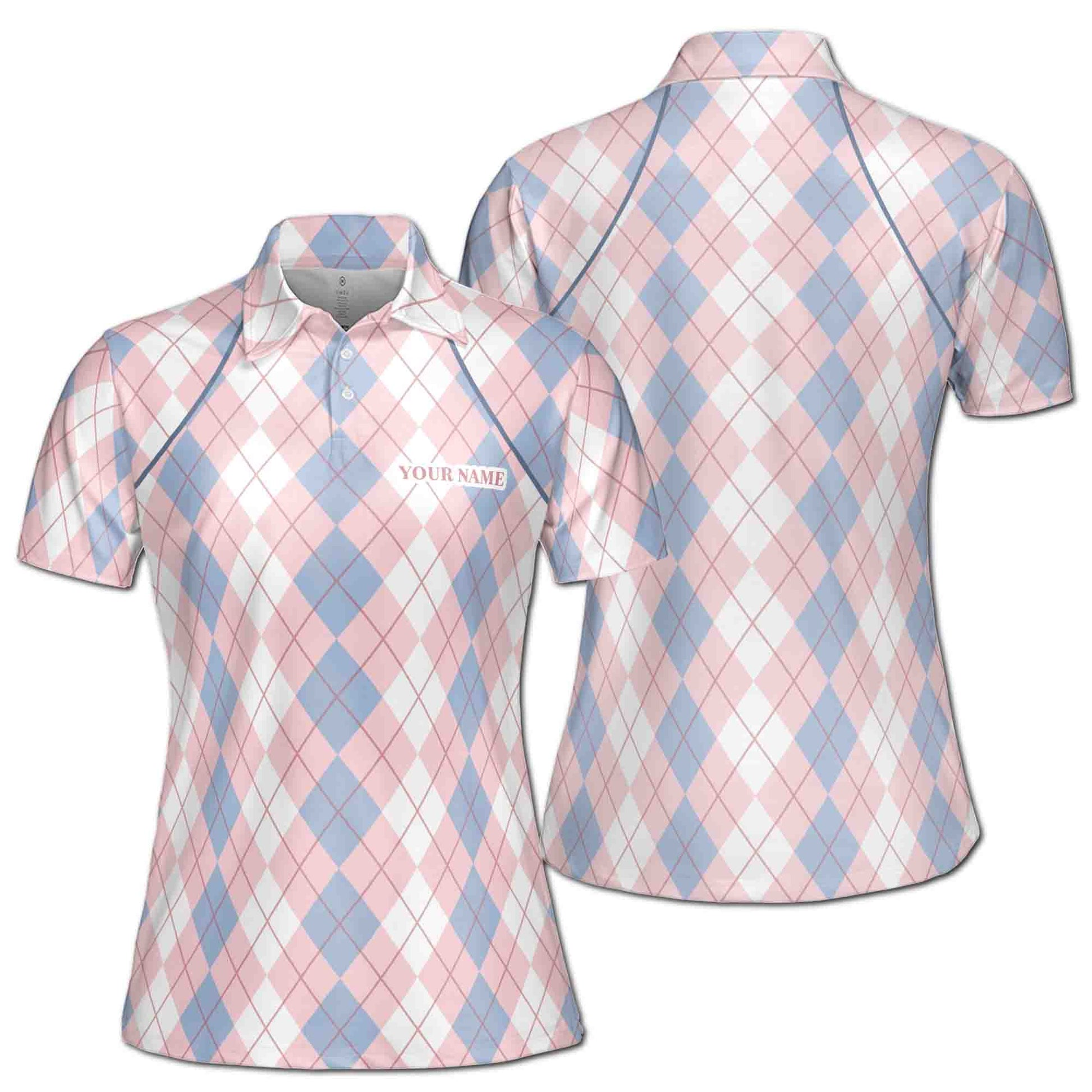 Custom Name Pink And Blue Argyle Golf Women's Polo Shirt S-5XL