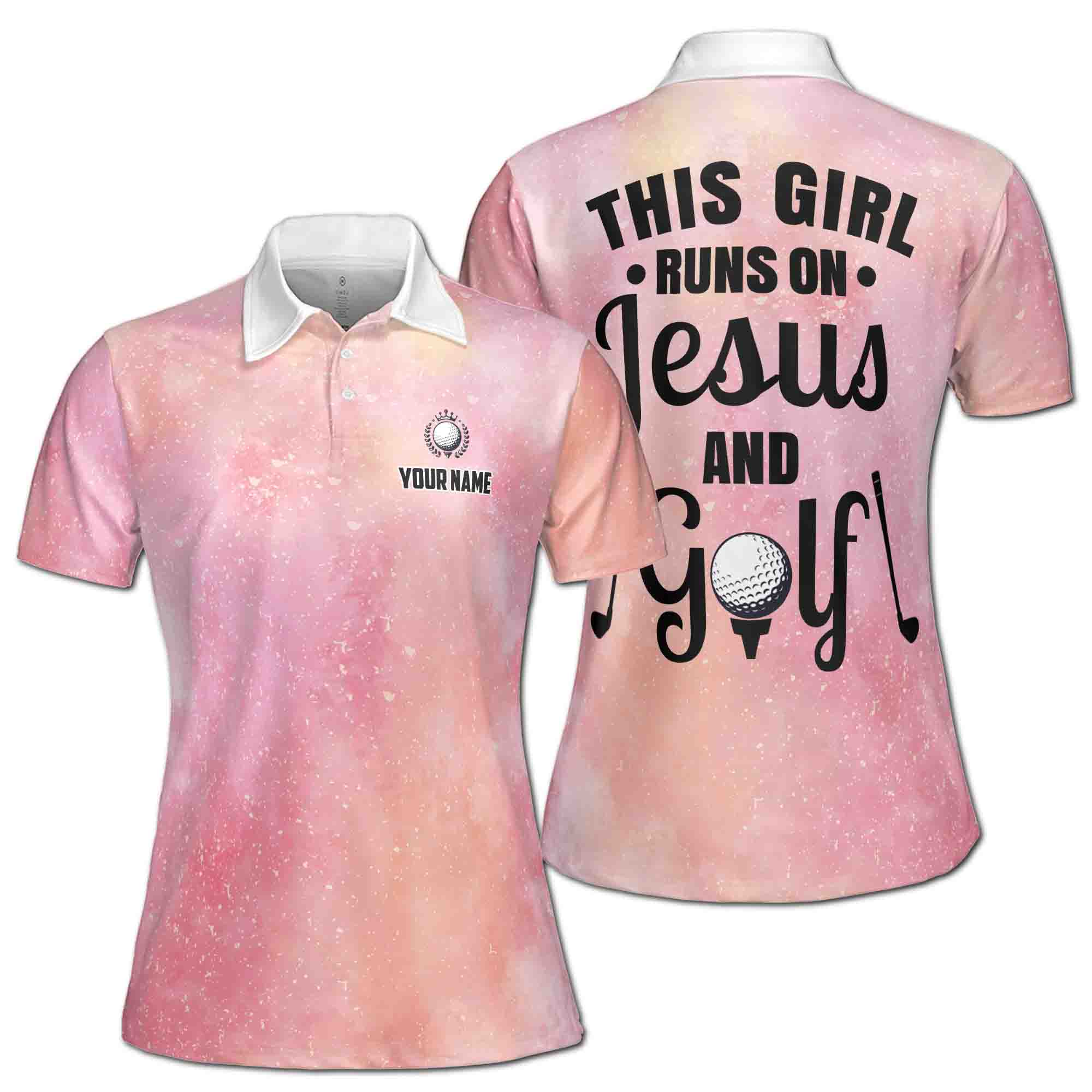 Custom Pink Galaxy This Girl Runs On Jesus And Golf Women's Polo Shirt S-5XL
