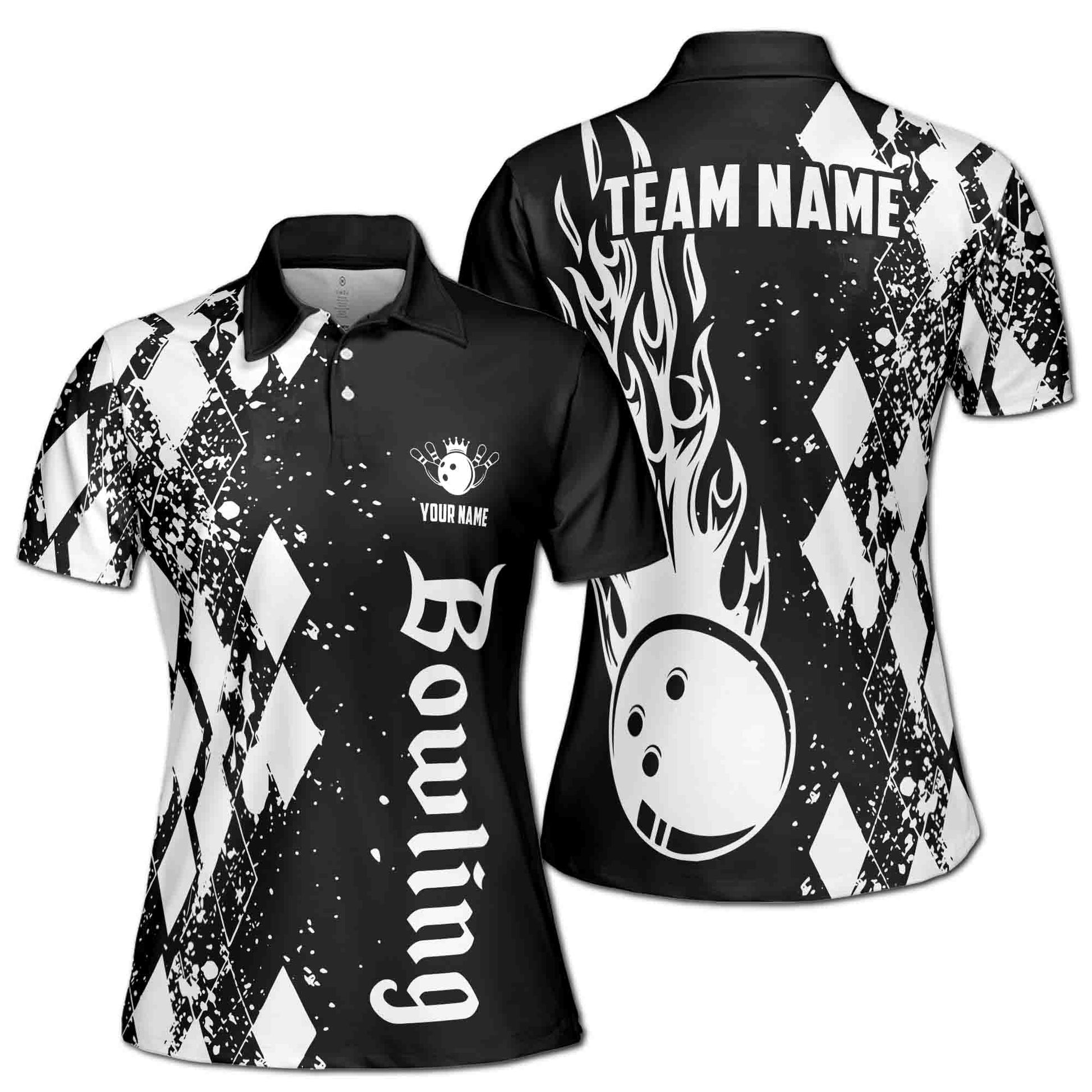 Personalized Black White Argyle Spatter Bowling Rolling Women's Polo Shirt S-5XL