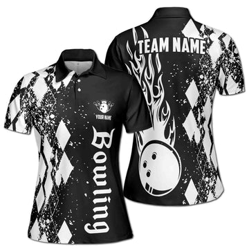 Personalized Black White Argyle Spatter Bowling Rolling Women's Polo Shirt S-5XL