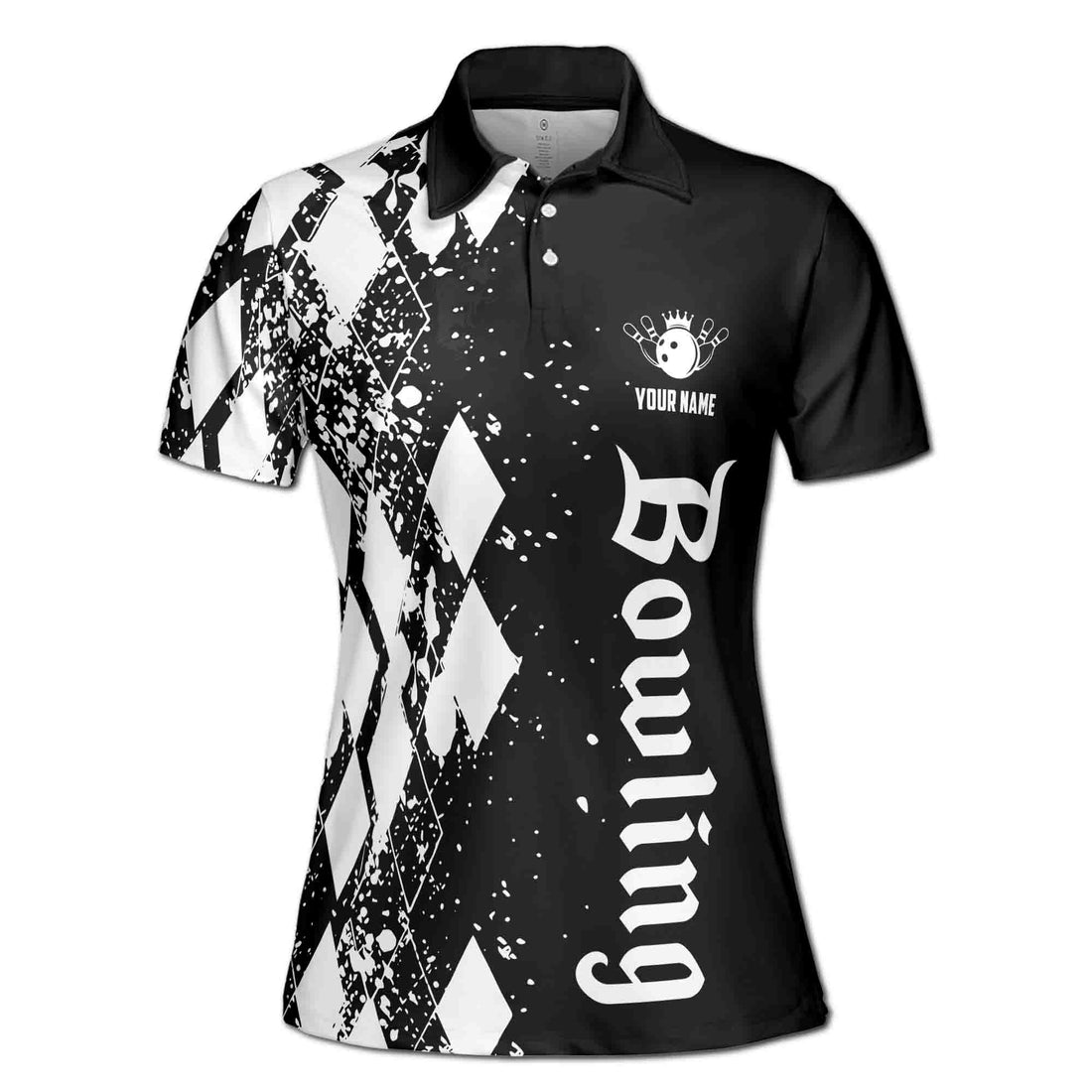 Personalized Black White Argyle Spatter Bowling Rolling Women's Polo Shirt S-5XL