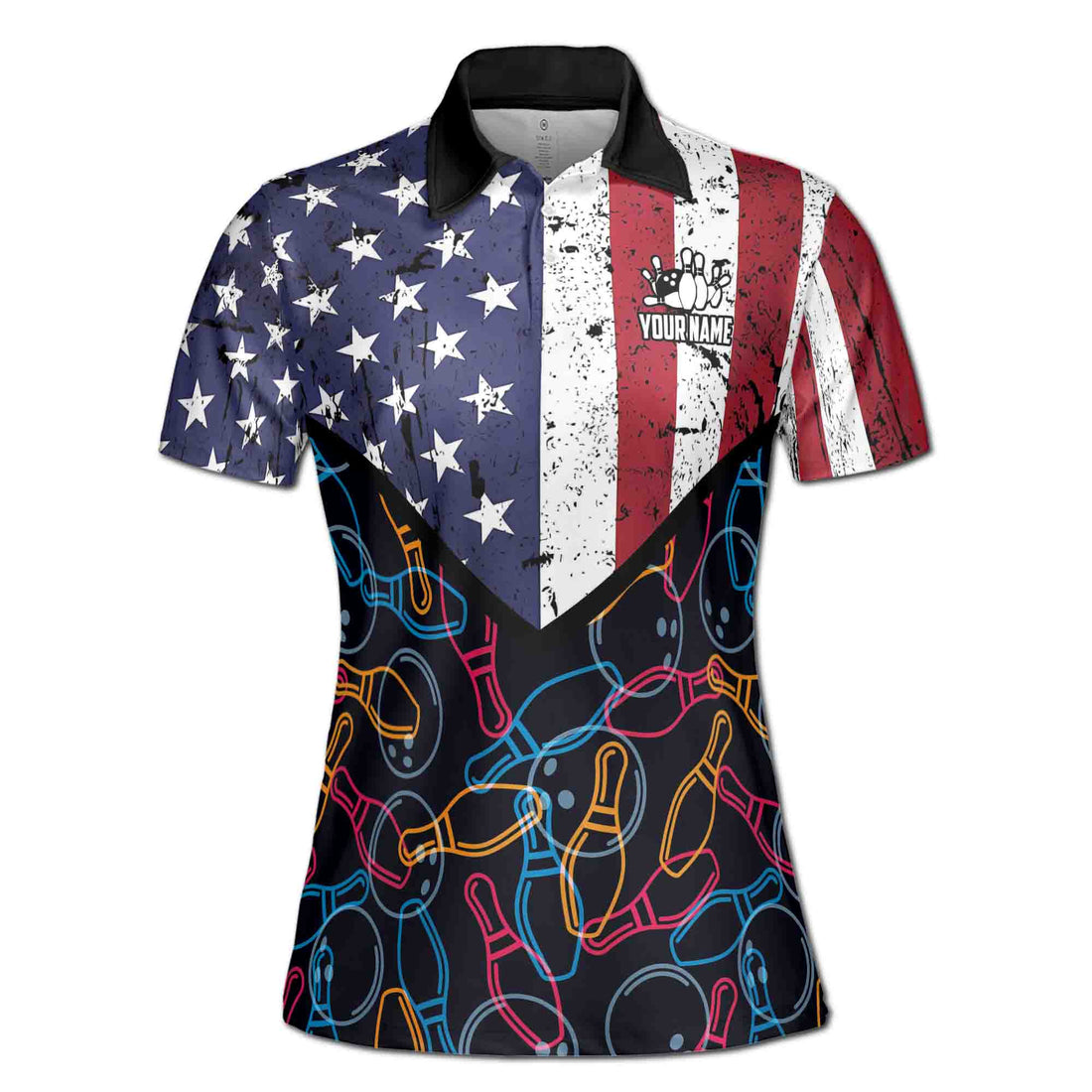 Personalized Funny Bowling Pattern America Flag Women's Polo Shirt S-5XL