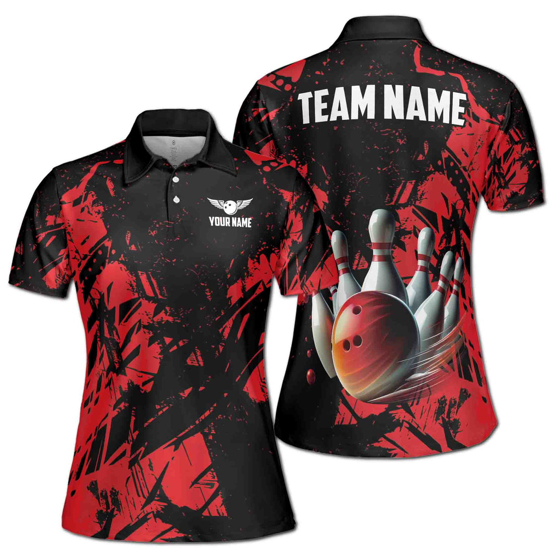 Personalized Red Bowling Team Dark Women's Polo Shirt S-5XL