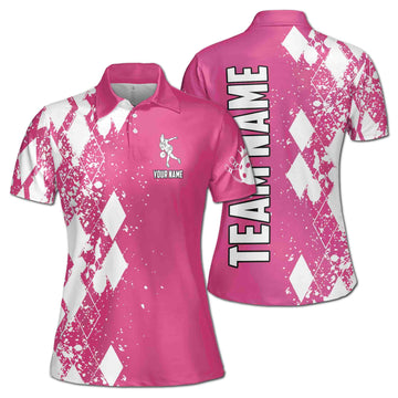 Customized Pink Bowling White Argyle Pattern Women's Polo Shirt S-5XL