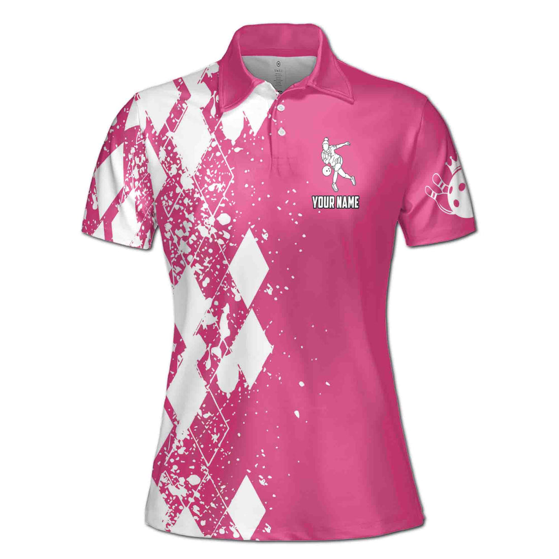 Customized Pink Bowling White Argyle Pattern Women's Polo Shirt S-5XL