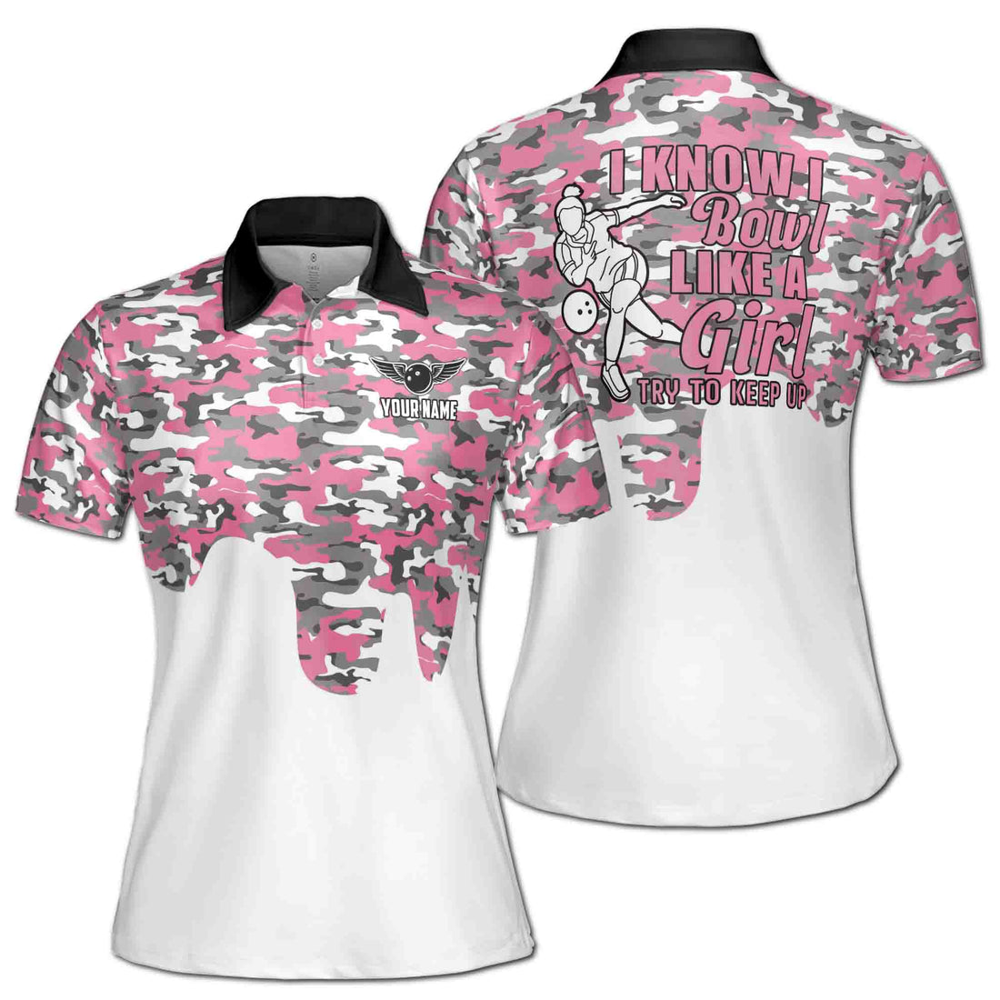 Custom Name Pink Camo I Know I Bowl Bowling Women's Polo Shirt S-5XL