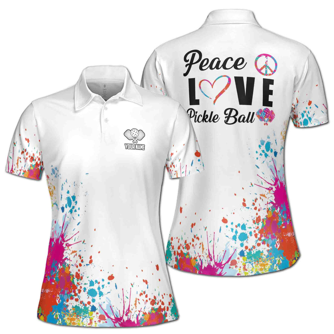 Custom Name Color Spatter Peace Love Pickleball Women's Polo Shirt S-5XL