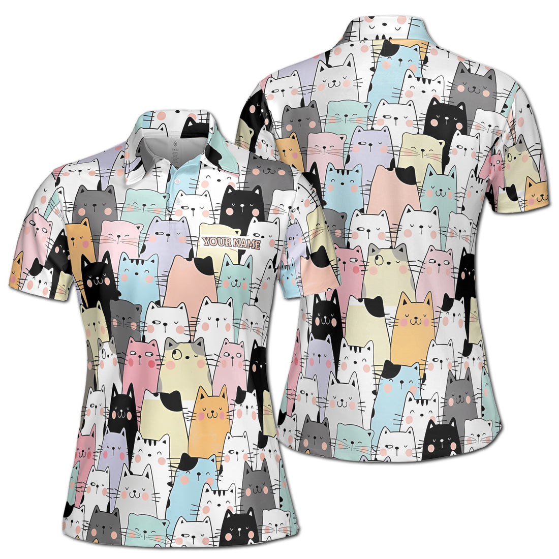 Custom Name Funny Meow Lover Cute Cats Golf Women's Polo Shirt S-5XL