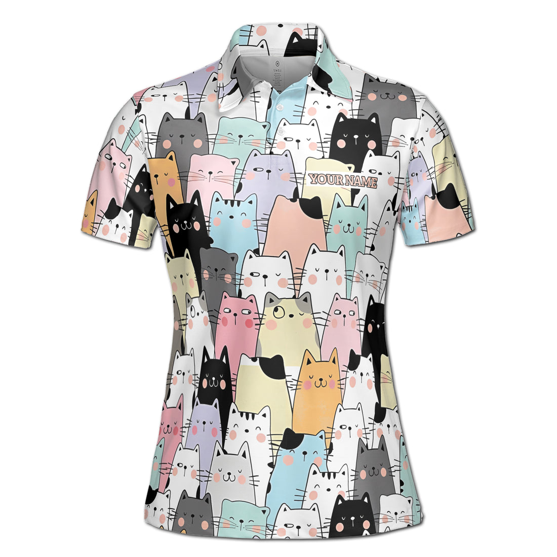 Custom Name Funny Meow Lover Cute Cats Golf Women's Polo Shirt S-5XL