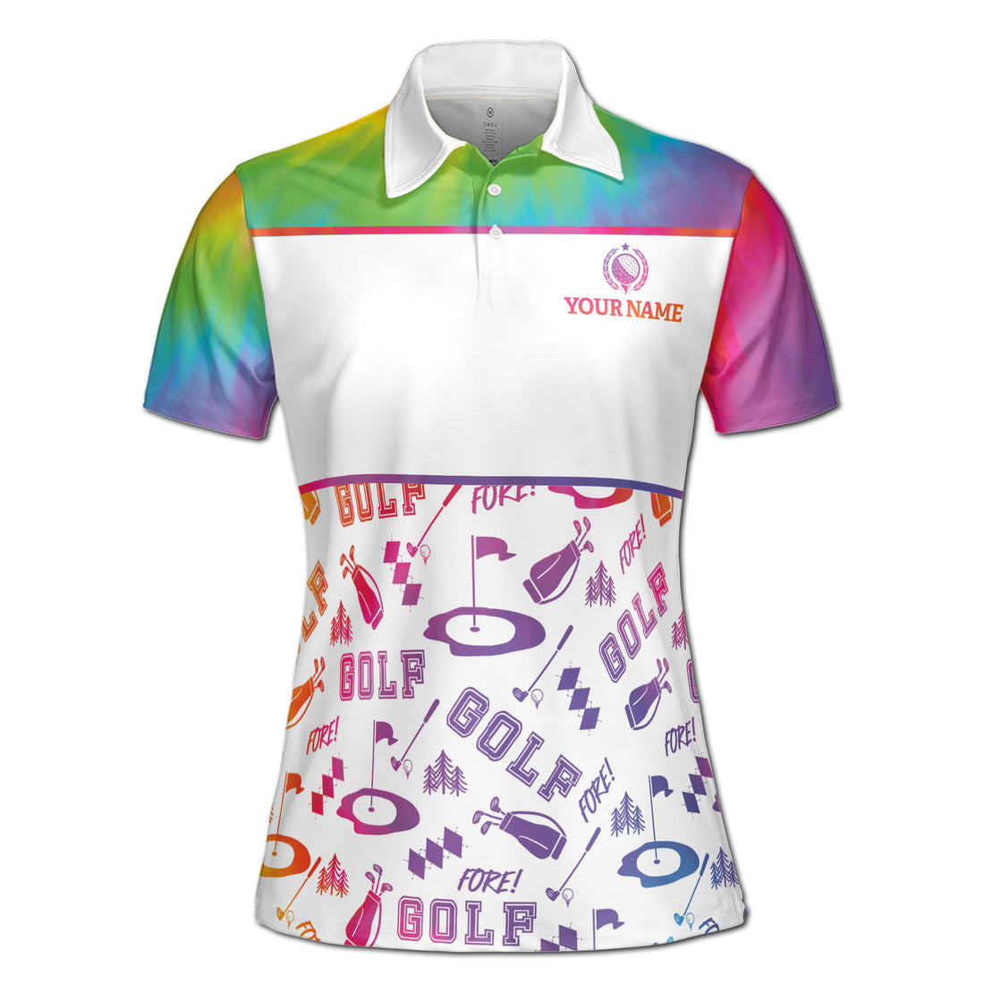 Custom Name Rainbow Color Fore! Golf Pattern Women's Polo Shirt S-5XL