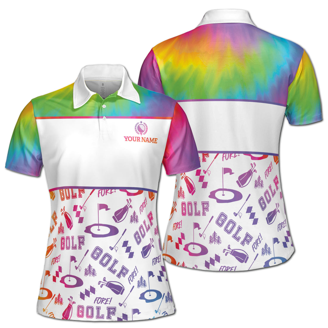 Custom Name Rainbow Color Fore! Golf Pattern Women's Polo Shirt S-5XL