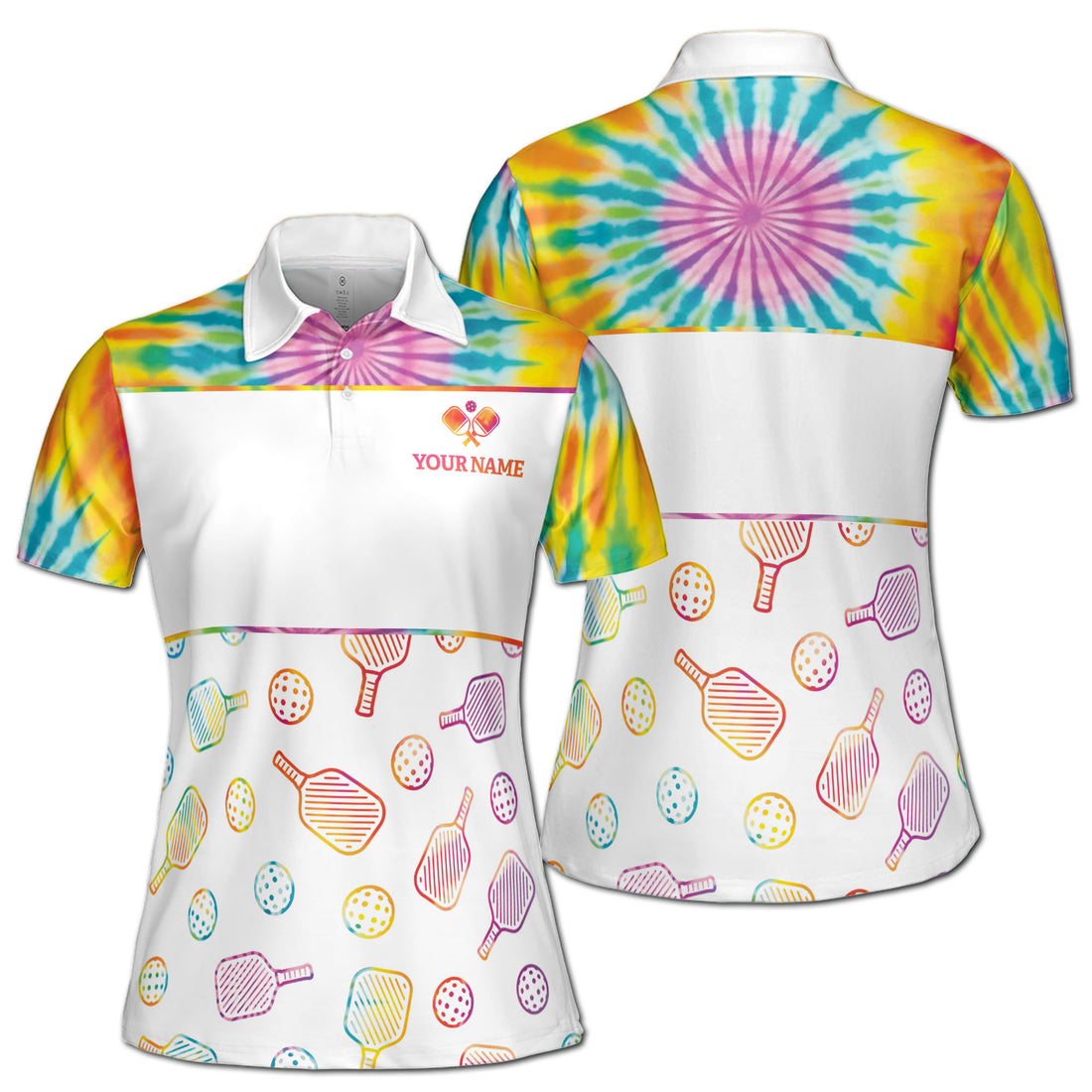 Custom Name Rainbow Pickleball Pattern Women's Polo Shirt S-5XL