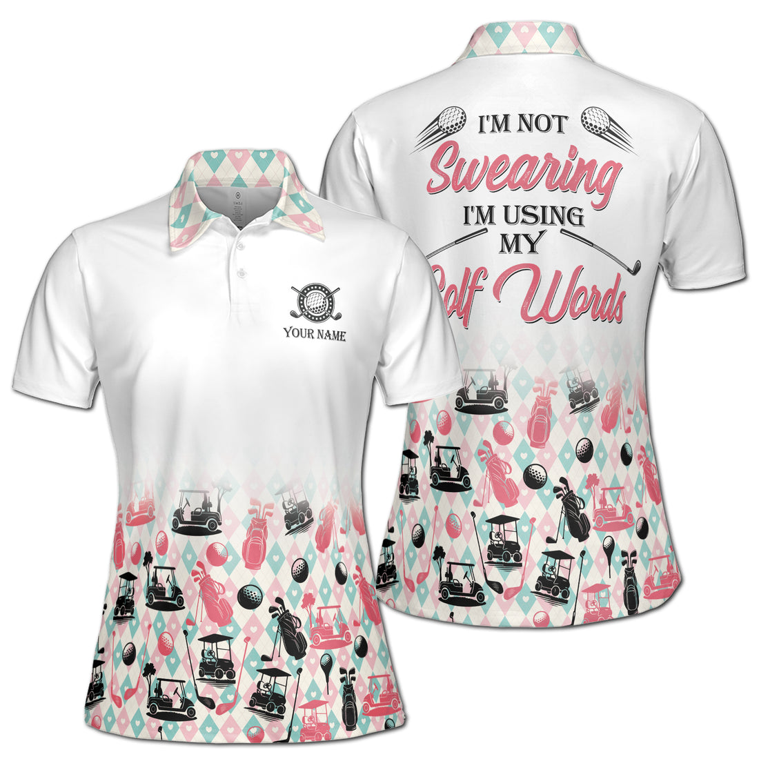 Custom Name Lovely Argyle Golf Pattern Golfer Women's Polo Shirt S-5XL