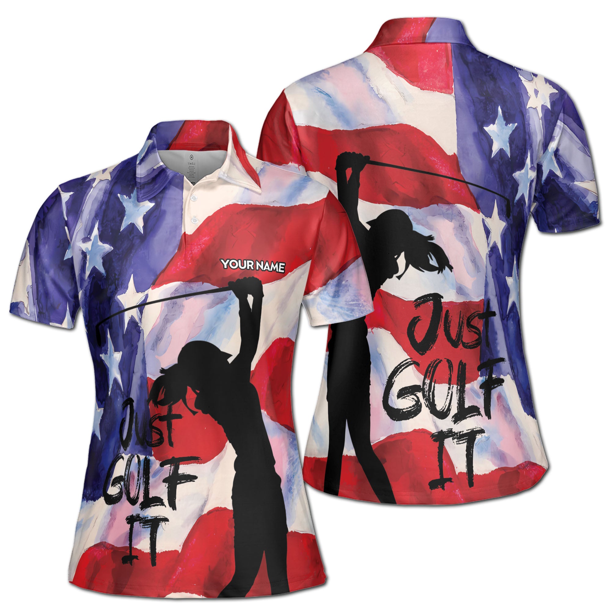 Custom Patriotic Watercolor America Just Golf It Women's Polo Shirt S-5XL