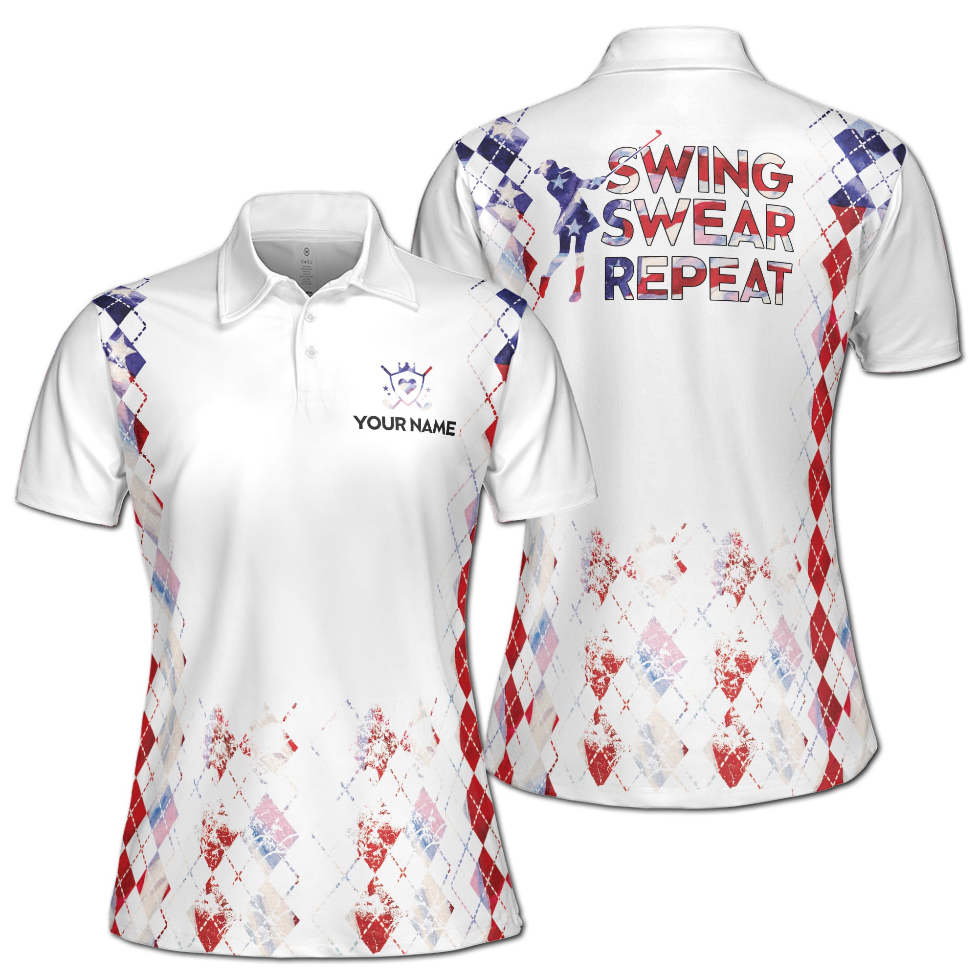 Custom Name America Argyle Swing Swear Repeat Golf Women's Polo Shirt