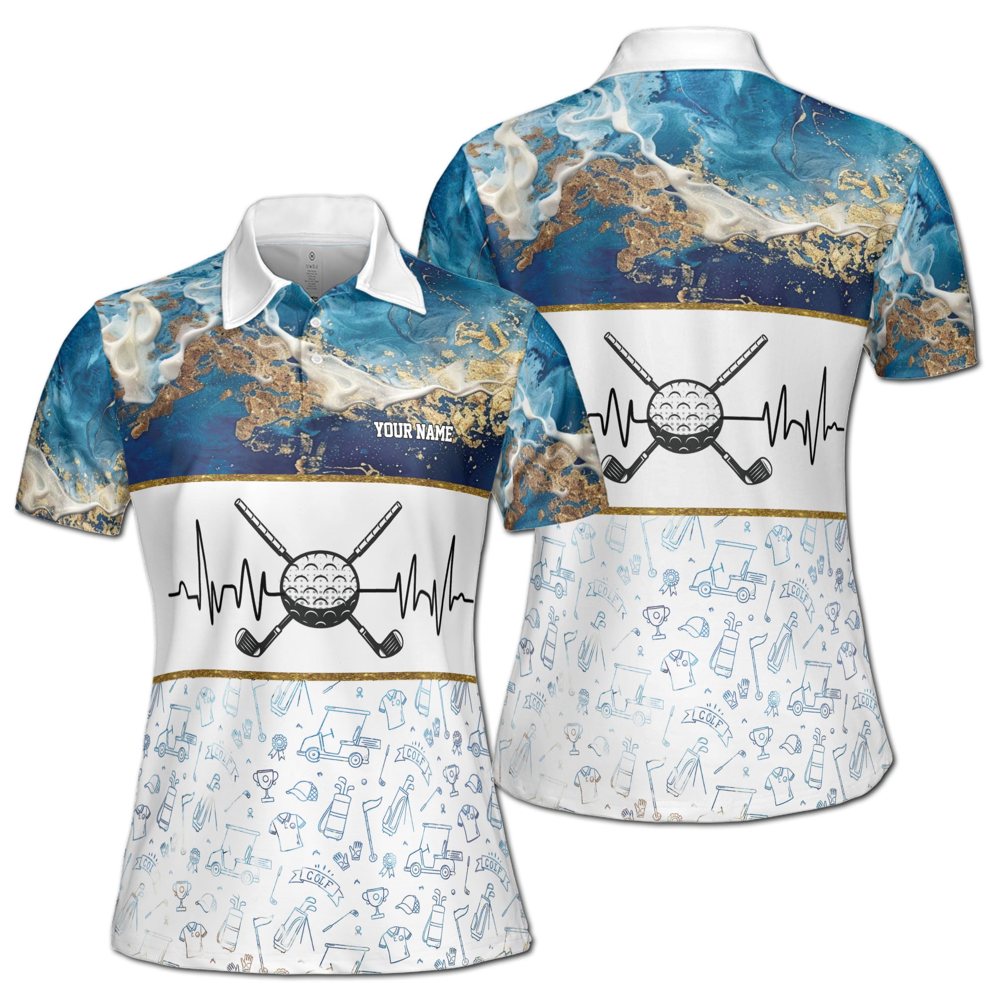 Custom Name Blue Veinstone Golf Pattern Women's Polo Shirt S--5XL