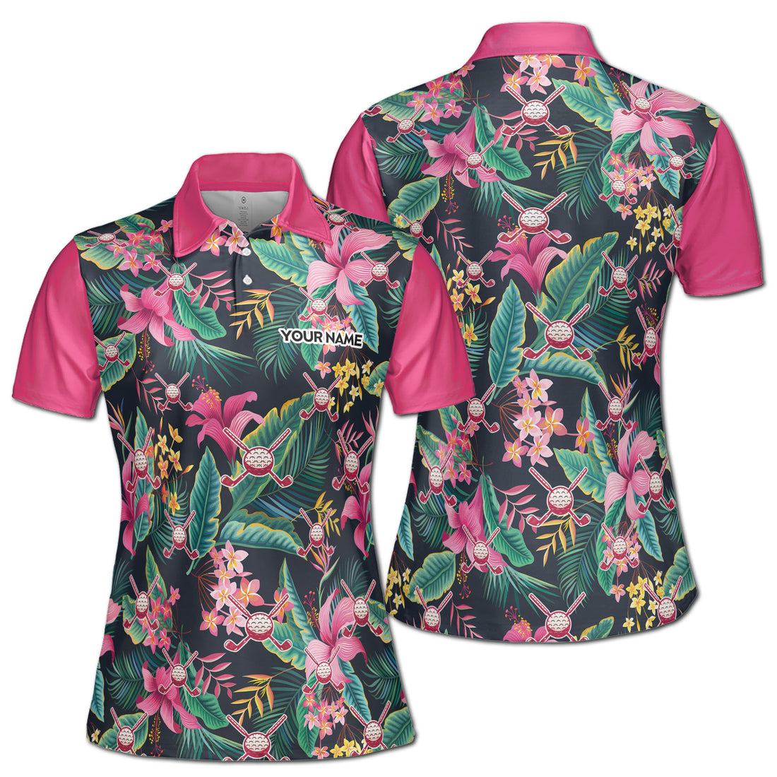Custom Name Pink Floral Golfer Women's Polo Shirt S-5XL