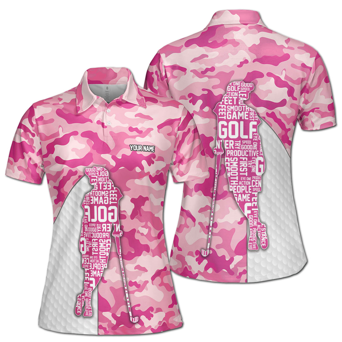 Custom Name Pink Camo Lady Golfer Women's Polo Shirt S-5XL