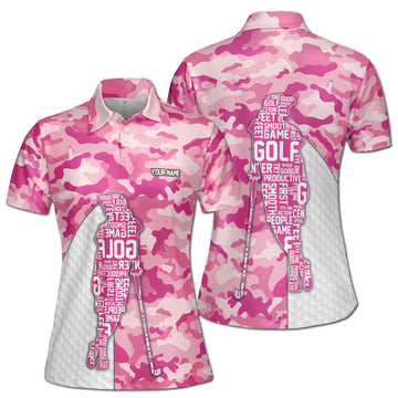 Custom Name Pink Camo Lady Golfer Women's Polo Shirt S-5XL