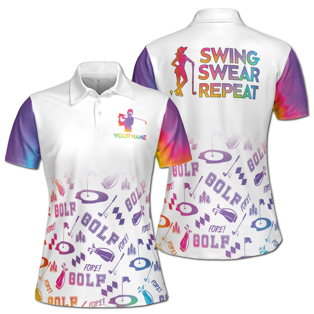 Custom Rainbow Lady Swing, Swear, Repeat Golf Women's Polo Shirt S-5XL