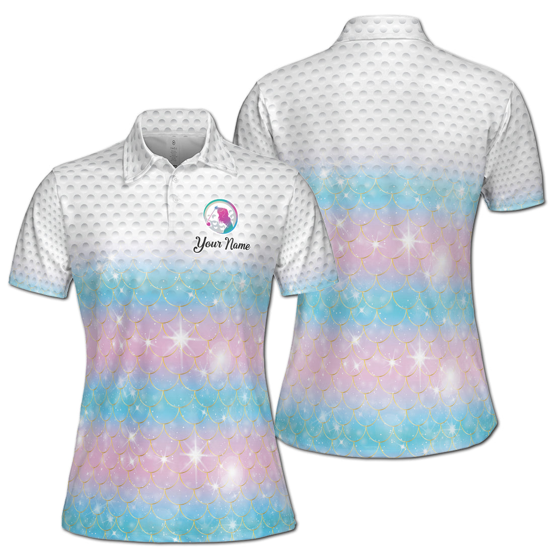 Custom Name Rainbow Mermaid Pattern Golfer Women's Polo Shirt S-5XL
