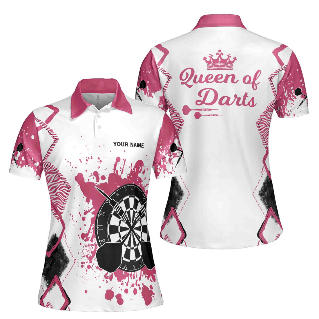 Custom Name Queen of Darts Colorful Spatter Women's Polo Shirt S-5XL