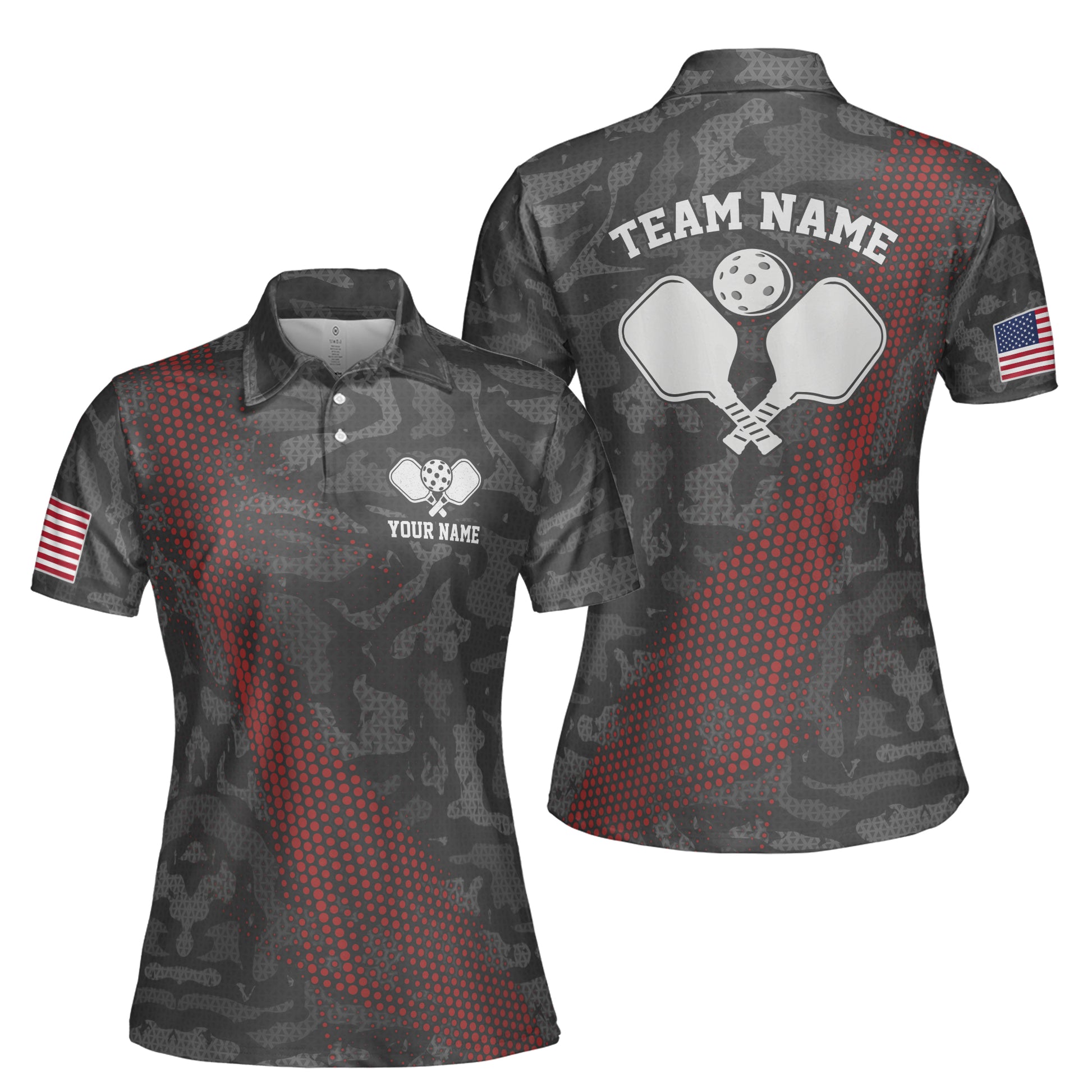 Customized Name Gray Camouflage American Flag Pickleball Women's Polo Shirt S-5XL