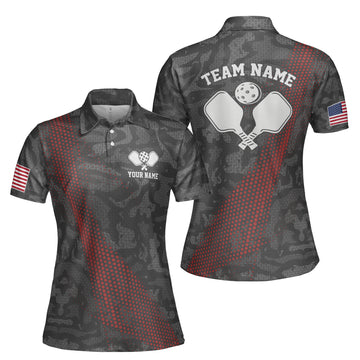 Customized Name Gray Camouflage American Flag Pickleball Women's Polo Shirt S-5XL