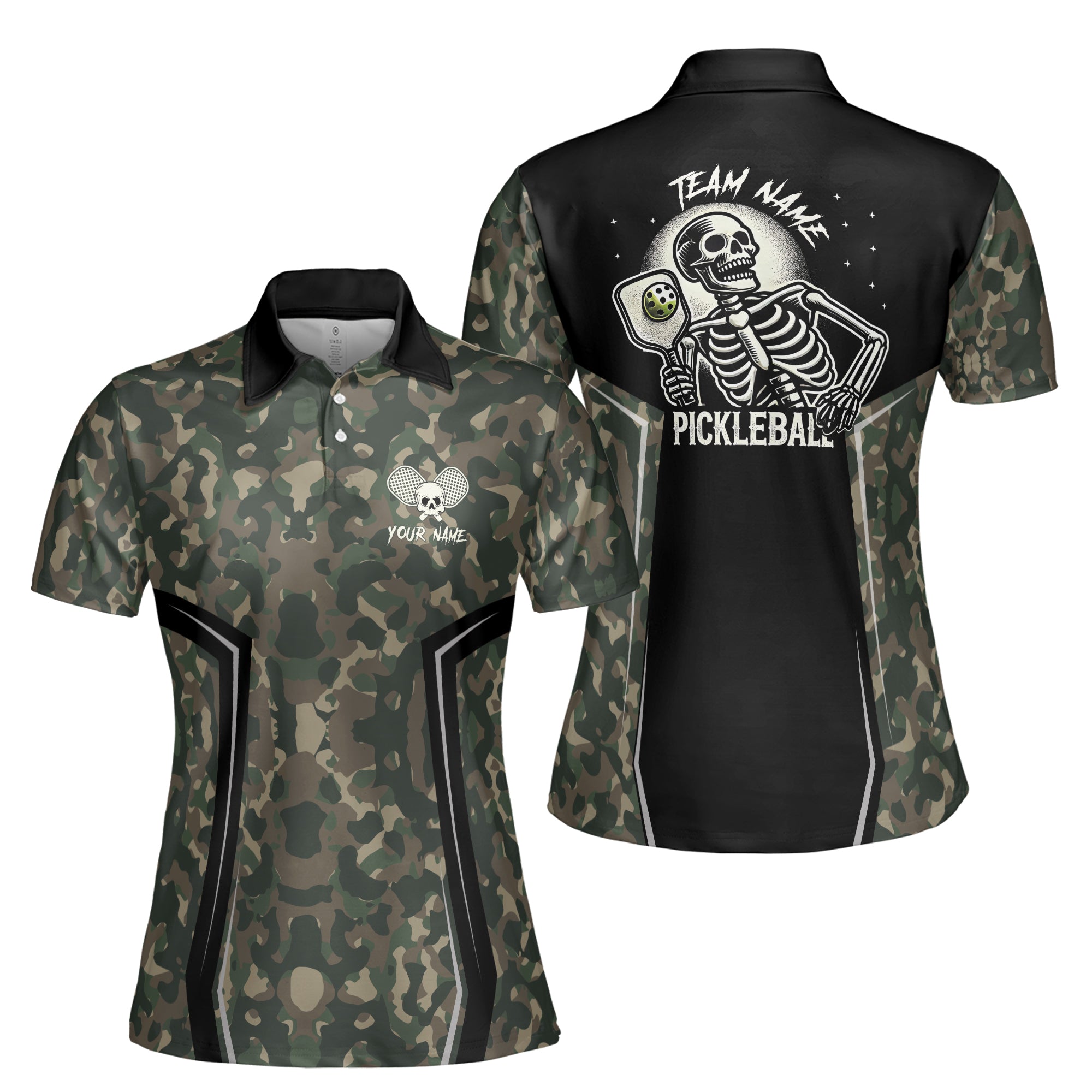 Personalized Name Camo Pattern Skull Plays Pickleball Women's Polo Shirt S-5XL
